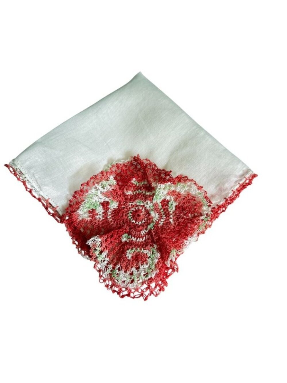 Vintage Womens 3D Handkerchief White Red Crochet Floral Corner Cottage Core